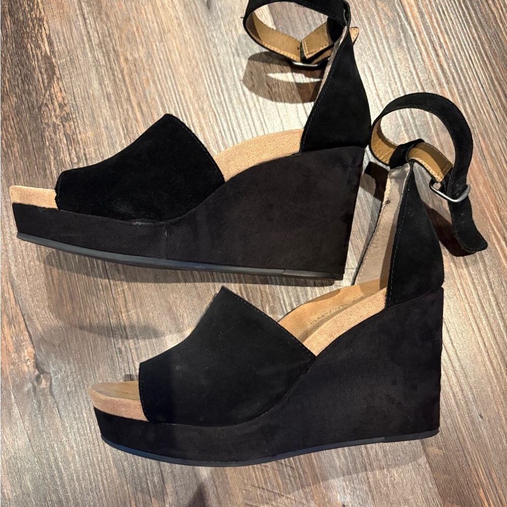Lucky Brand Black Suede Wedge Sandals with Ankle Strap